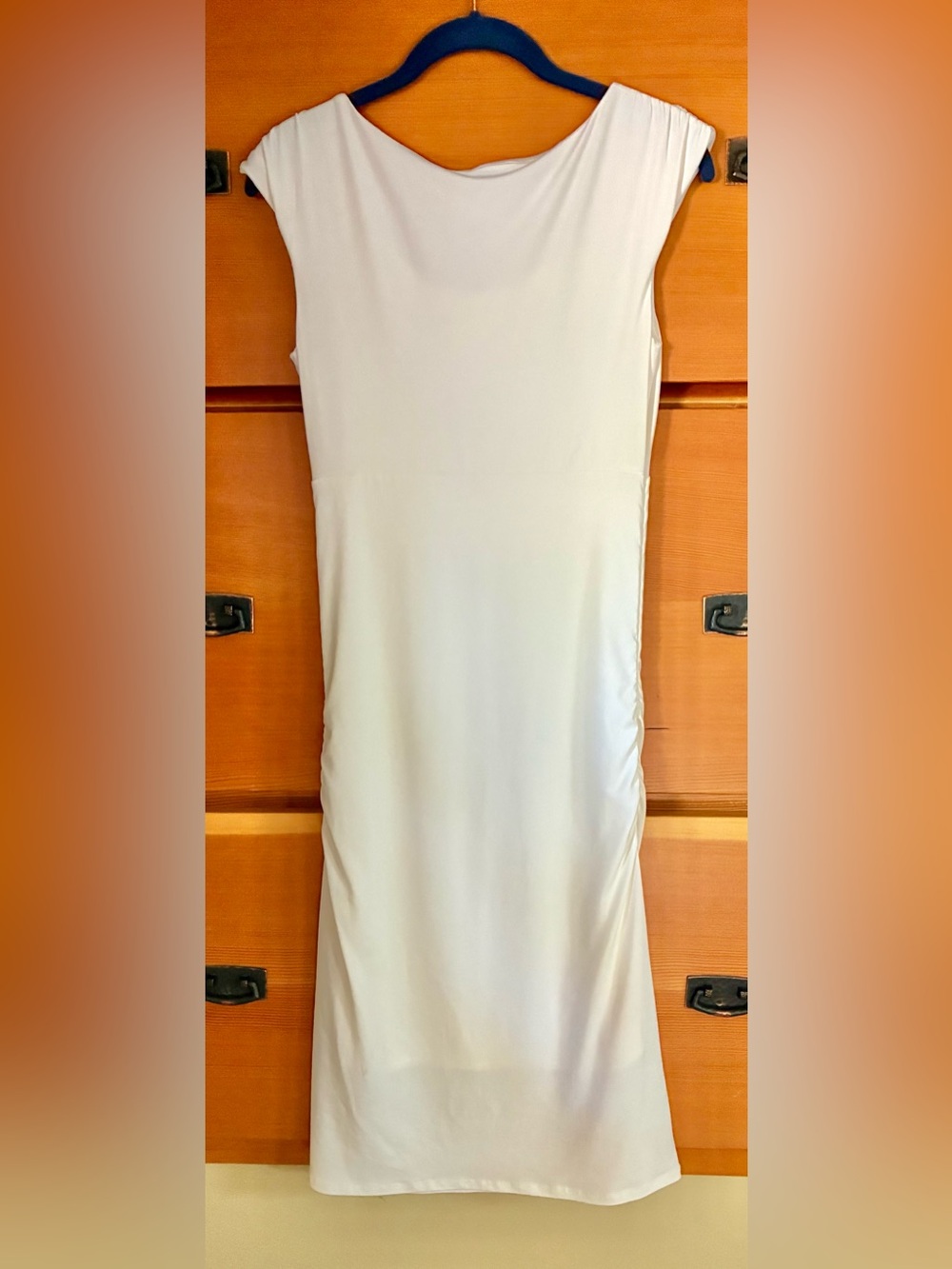 Moda International White Ruched Sheath Dress Small Minimalist Midi Stretch - Picture 6 of 6